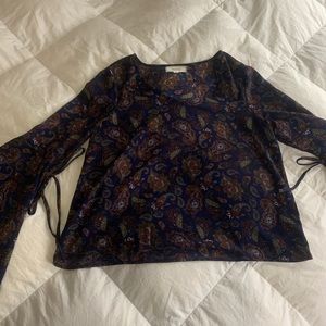 Paisley Bell Sleeve V Neck Chiffon Blouse